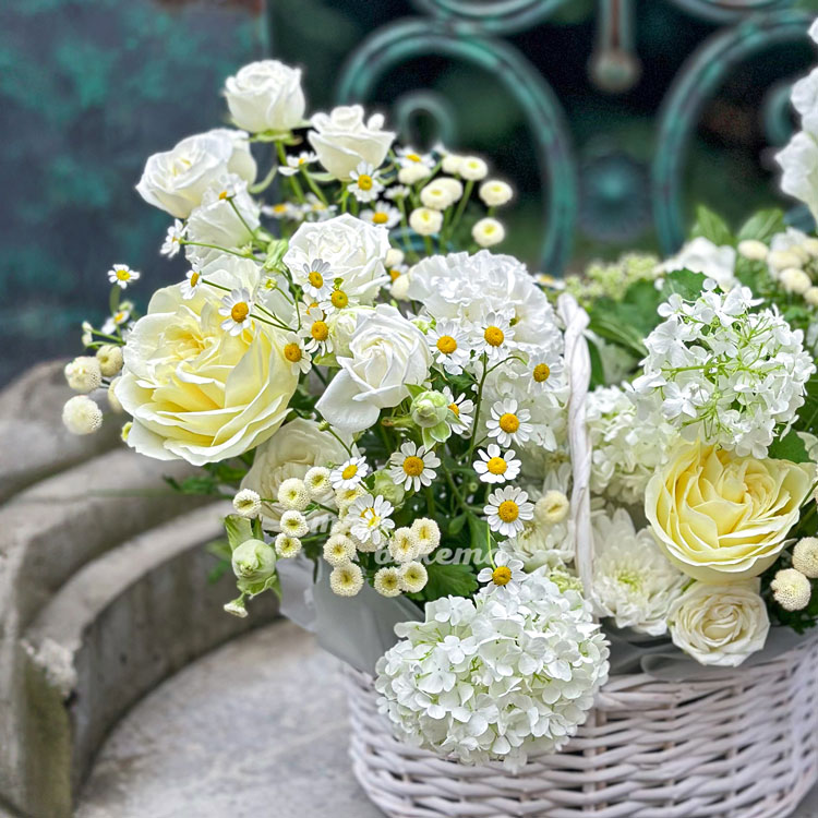 Корзина белых ромашек, хризантем и роз (крупный план слева)